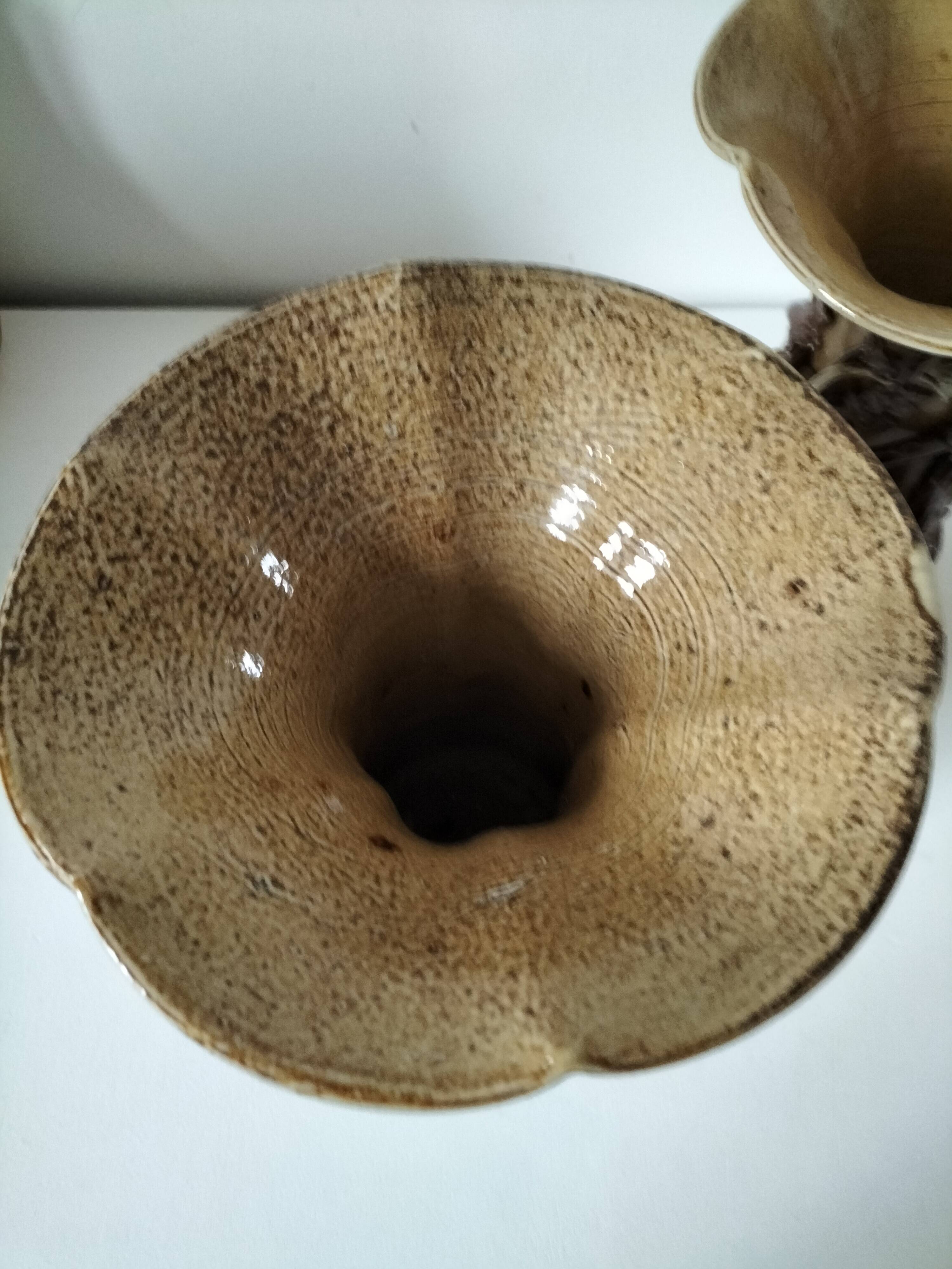 Duo of naturalistic stoneware vases – oak branches & acorns in relief