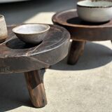 Small tripod stool low in dark brown upcycled teak