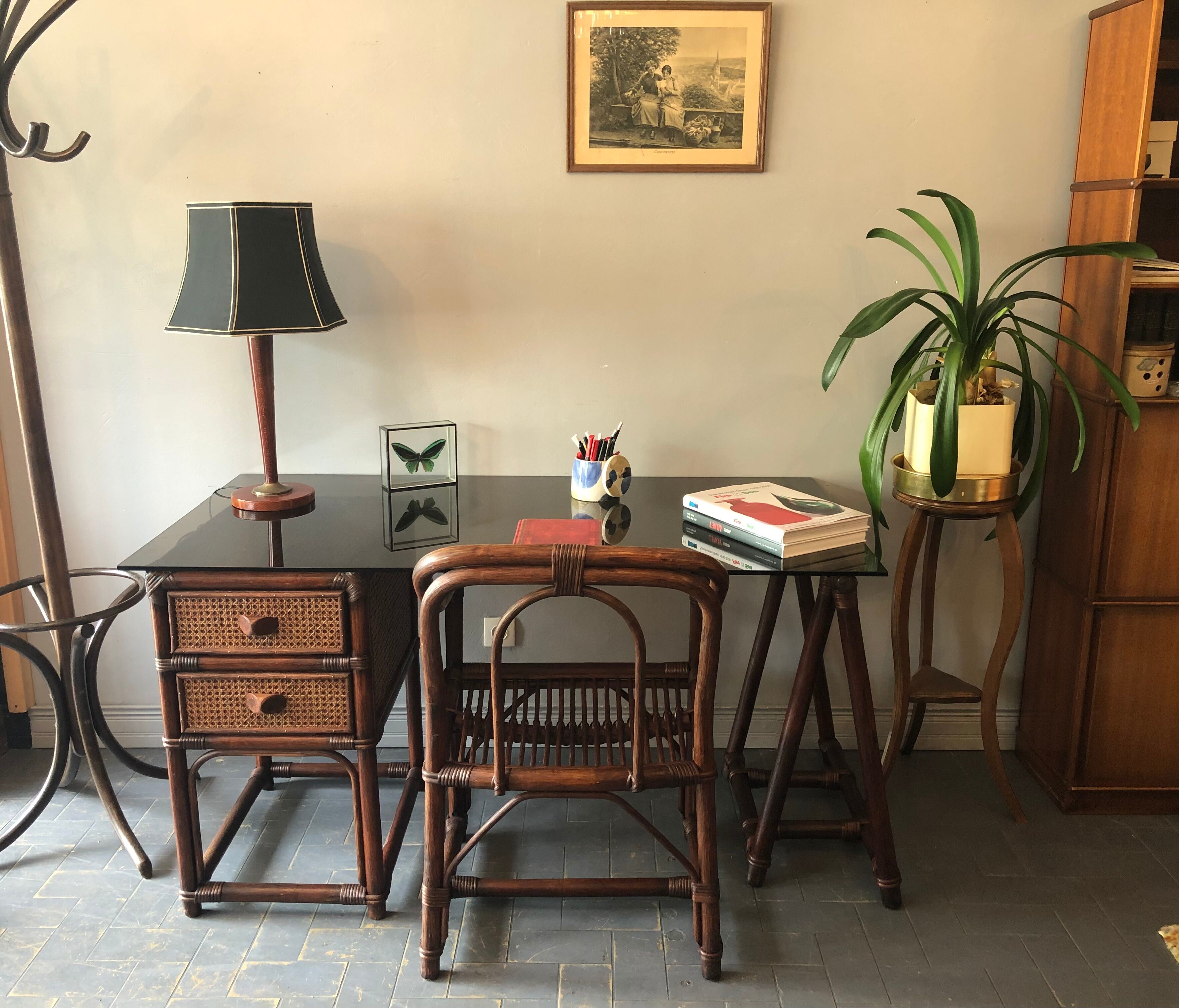Bamboo desk and armchair, rattan 70s/80s