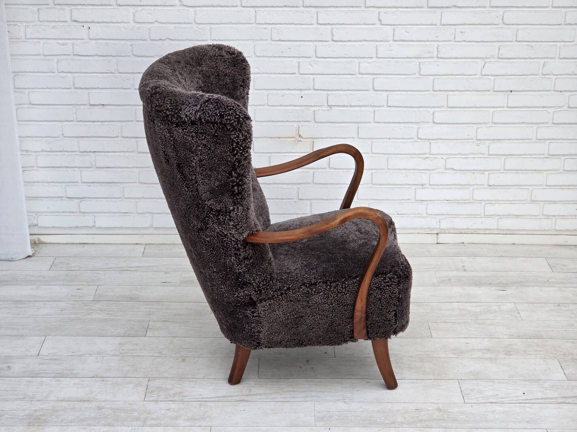 1960s, Danish armchair, reupholstered, genuine sheepskin.