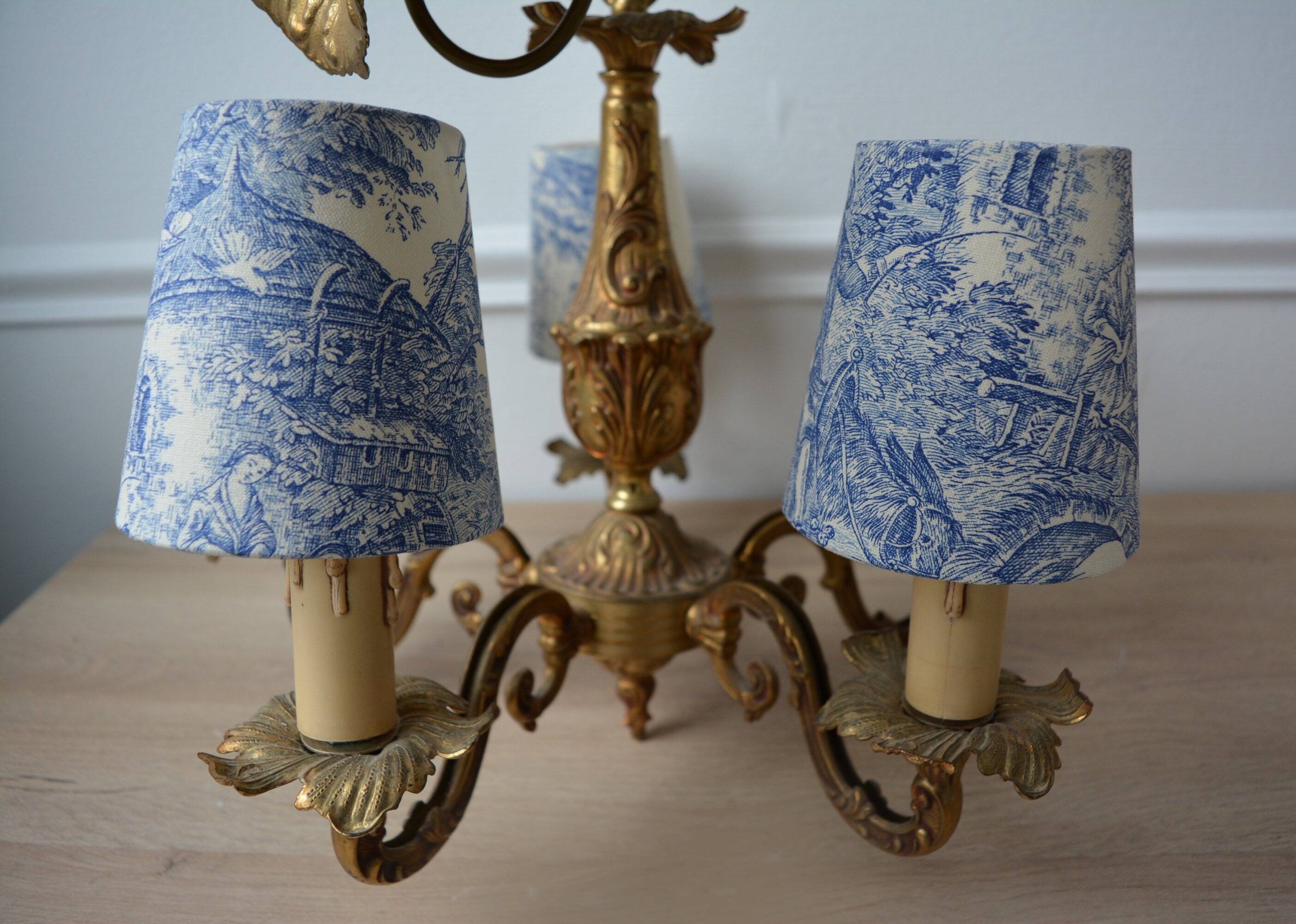 Lustre bronze, 5 abat-jours toile de Jouy