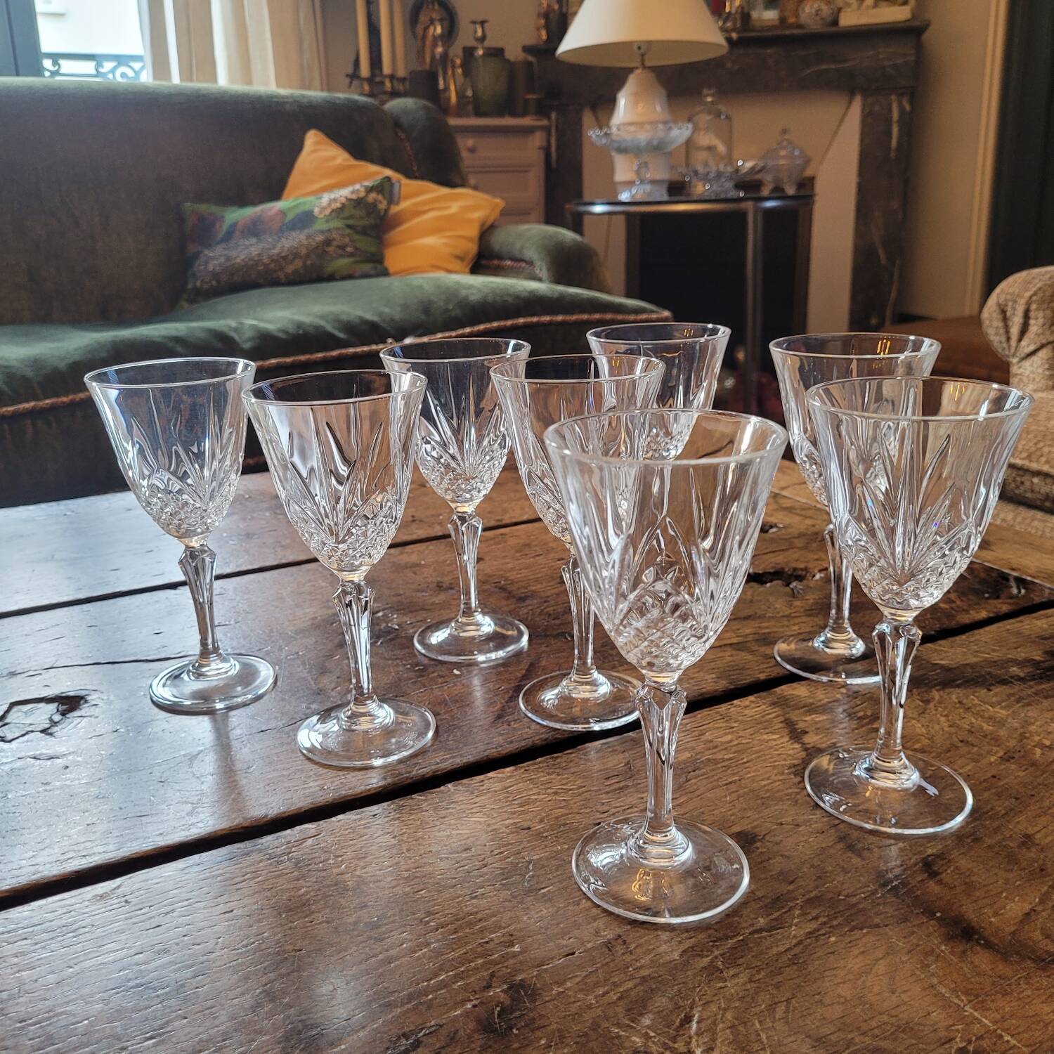 Set of 8 cut crystal glasses, hexagonal stem – 1950s