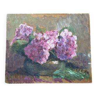 Old oil painting of hydrangeas