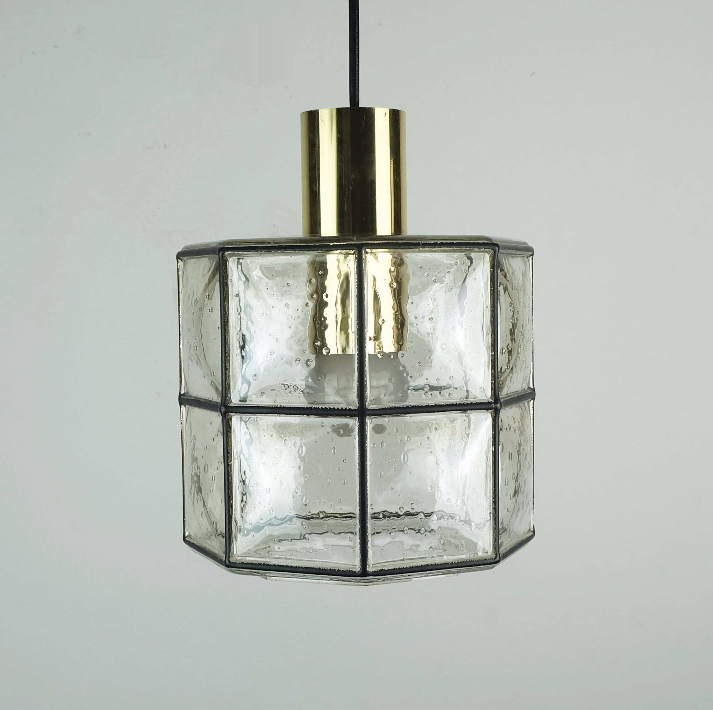 1960s 70s glashuette limburg PENDANT LAMP clear glass shade and brass