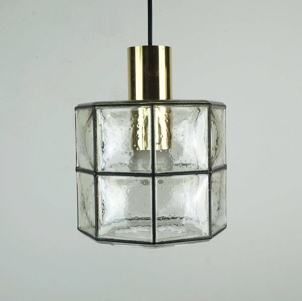 Suspension Glashuette Limburg des années 1960-70, abat-jour en verre transparent et laiton