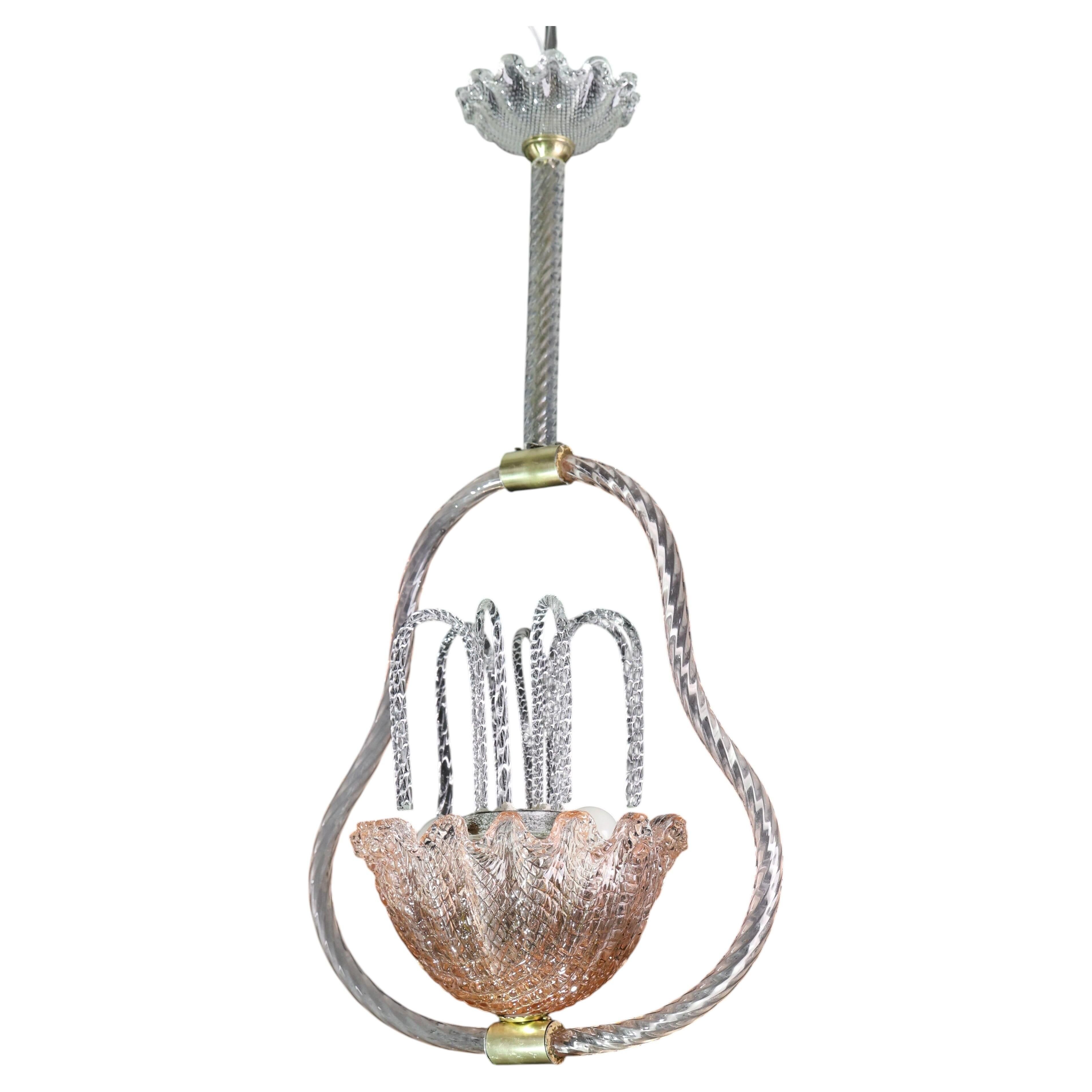 Charming Pink and Transparent Murano Glass Chandelier by Barovier e Toso, 1950s