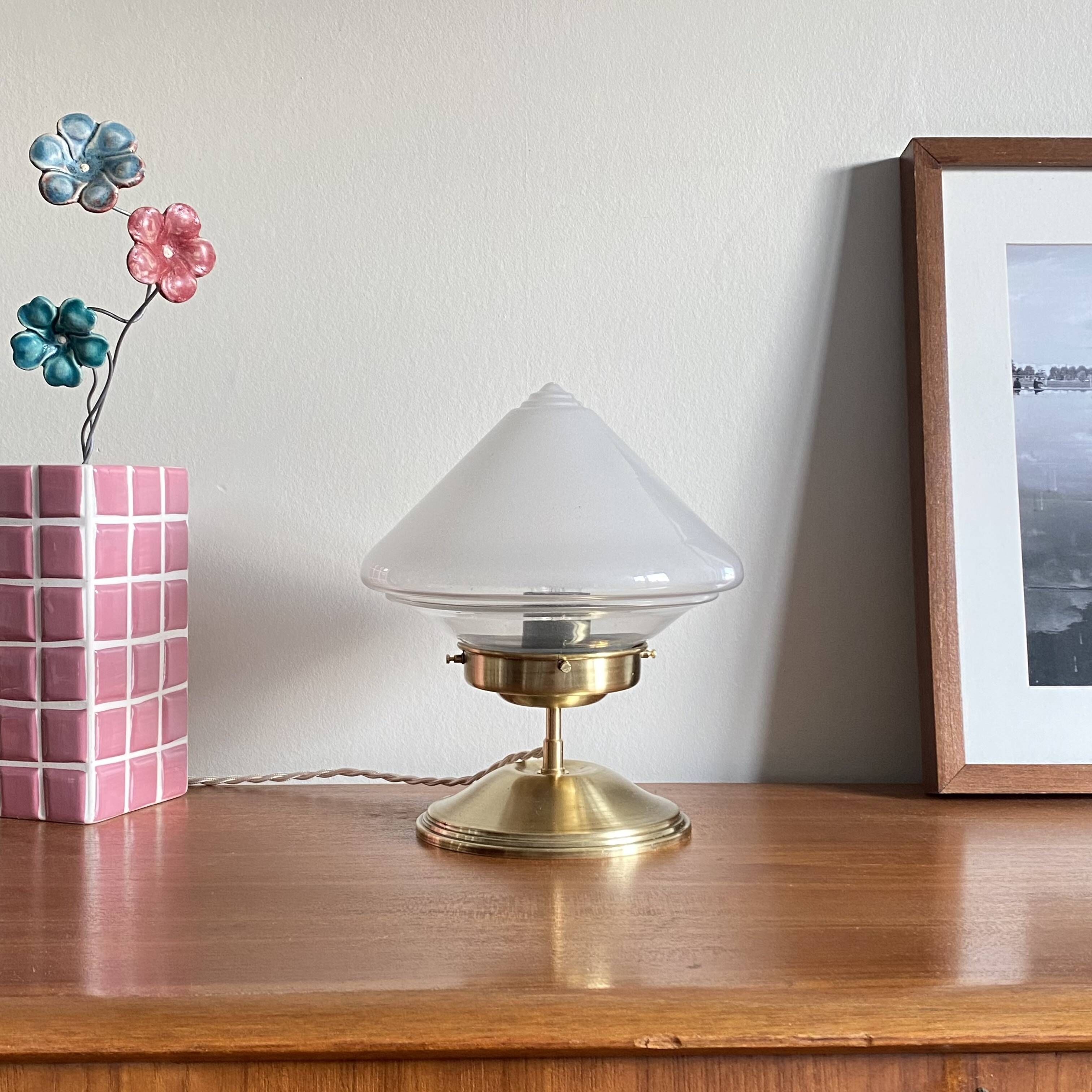 Antique table lamp with pointed glass globe and brass base, antique vintage lighting fixture LAMP-7345