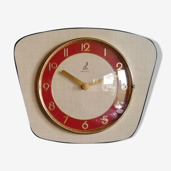 Horloge formica vintage pendule murale silencieuse trapèze "Jaz jaune rouge"