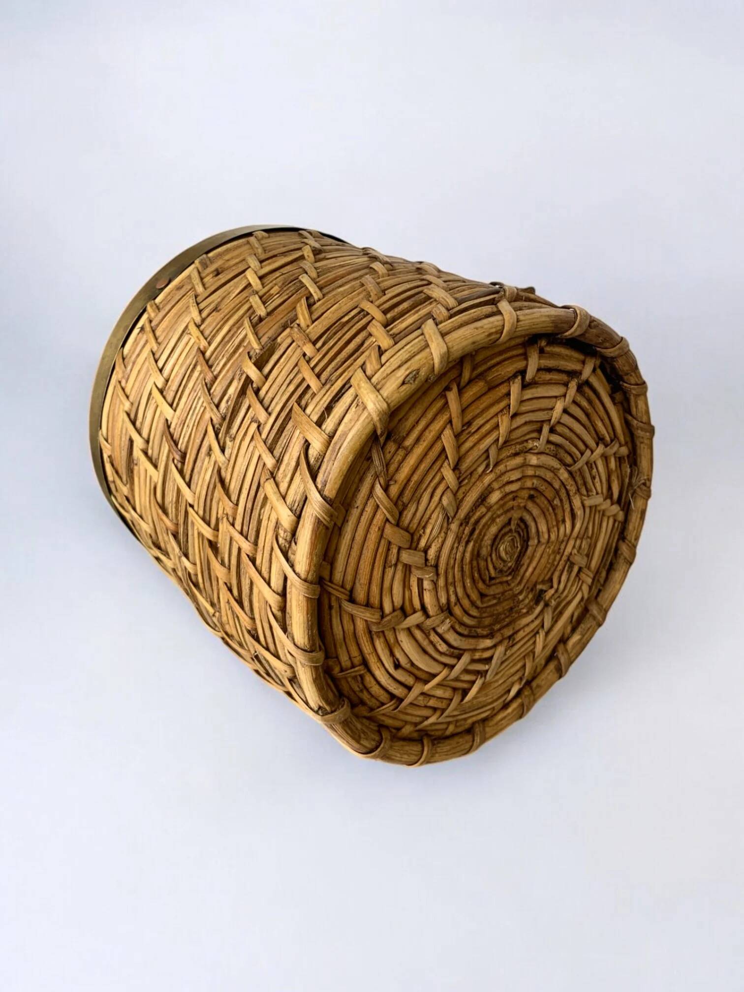 Rattan and brass basket, Italy, 1970s, 16 cm diameter