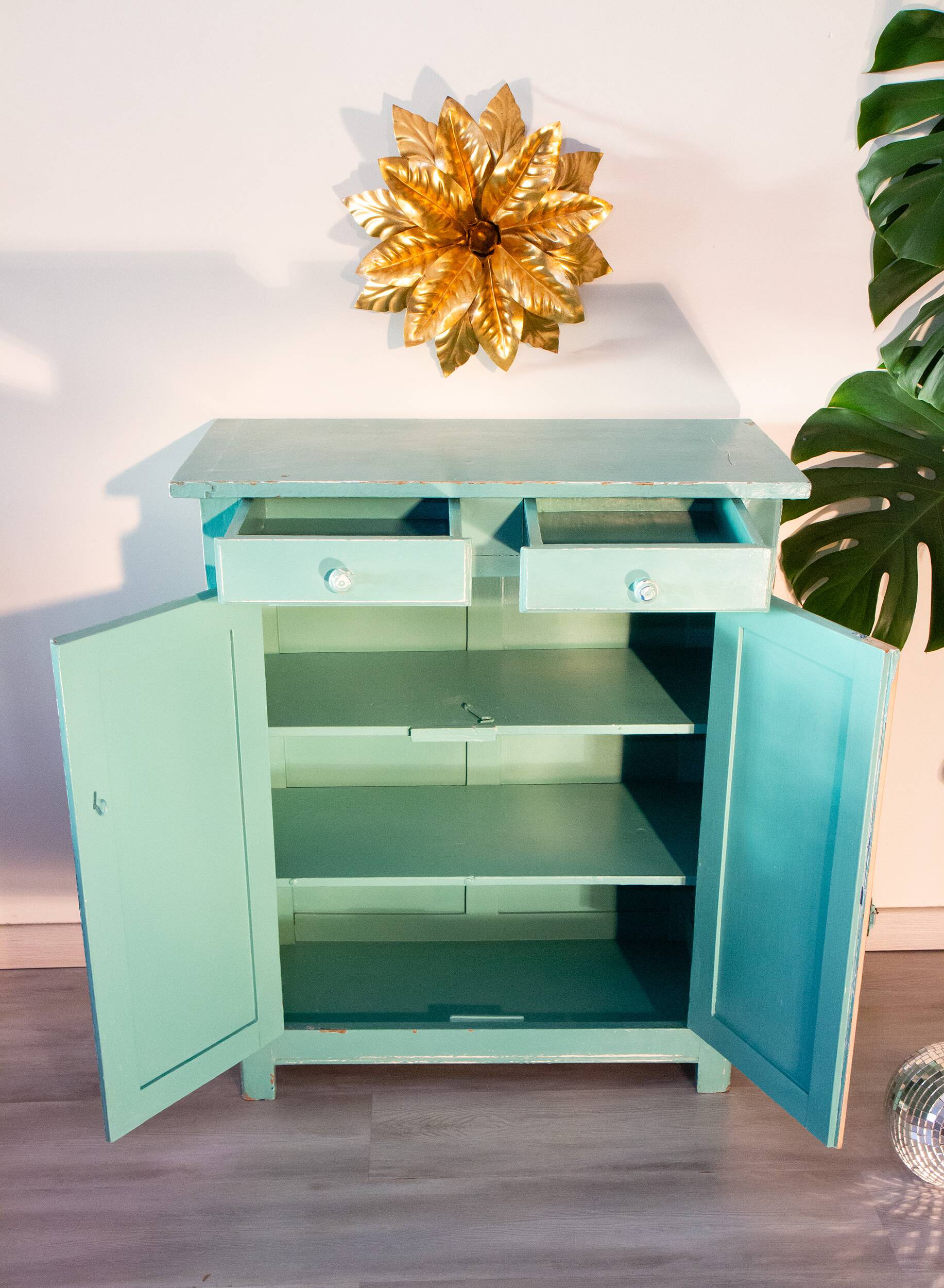 Parisian water green sideboard, patinated wood, 1950