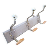 Vintage French metal coat and hat rack with 3 hooks on wooden support, grey chalk paint, vintage clothing hanging storage accessory, France
