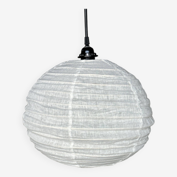 Small round Japanese-style rattan and natural linen pendant light D30