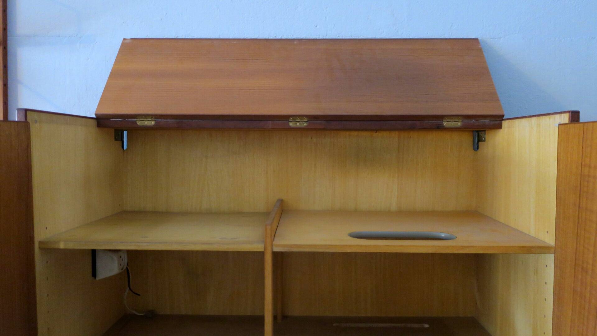 Danish teak flip-top media wall cabinet, 1960s
