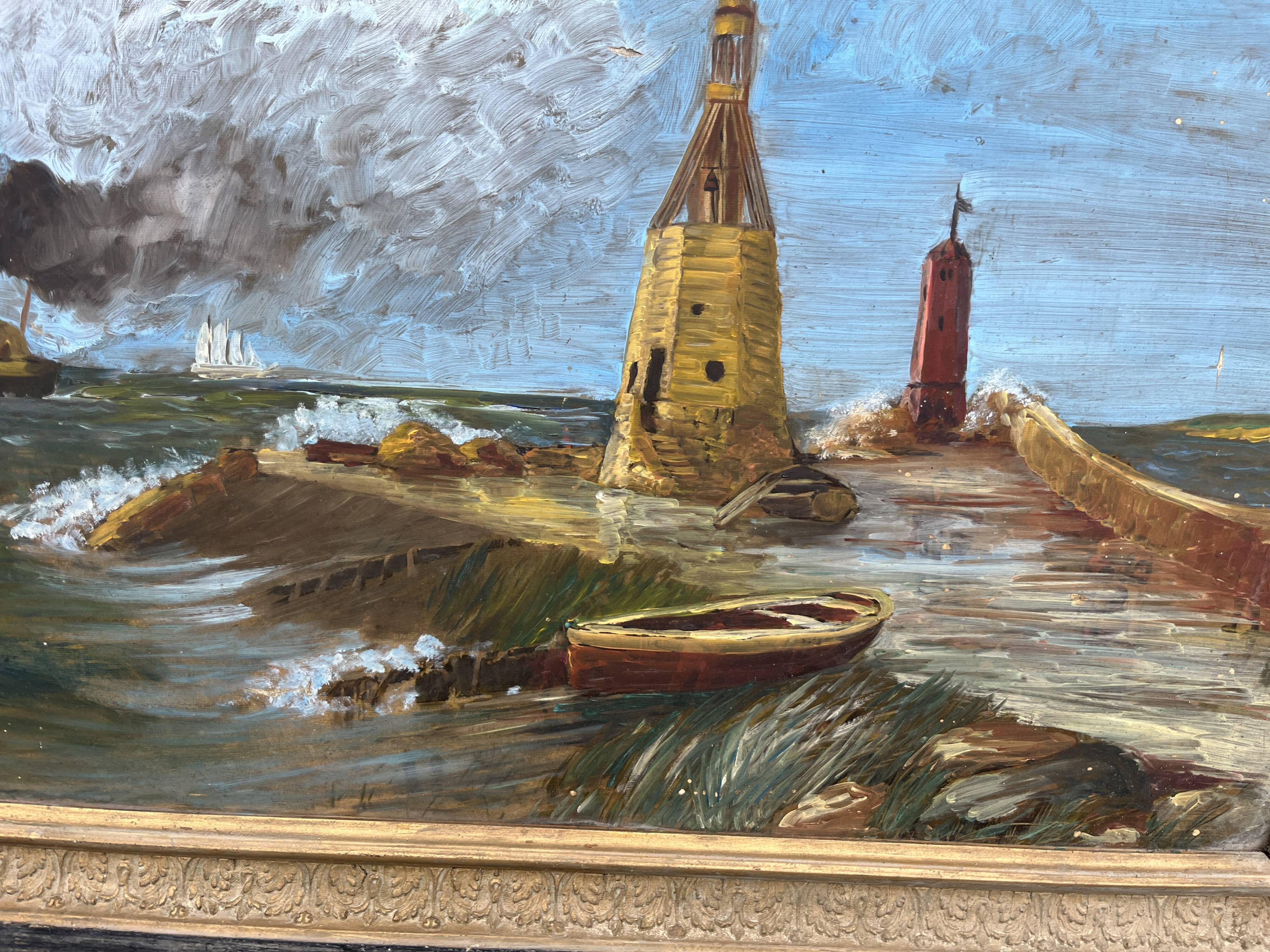 Old marine painting oil on canvas signed Y. Delaporte port entrance