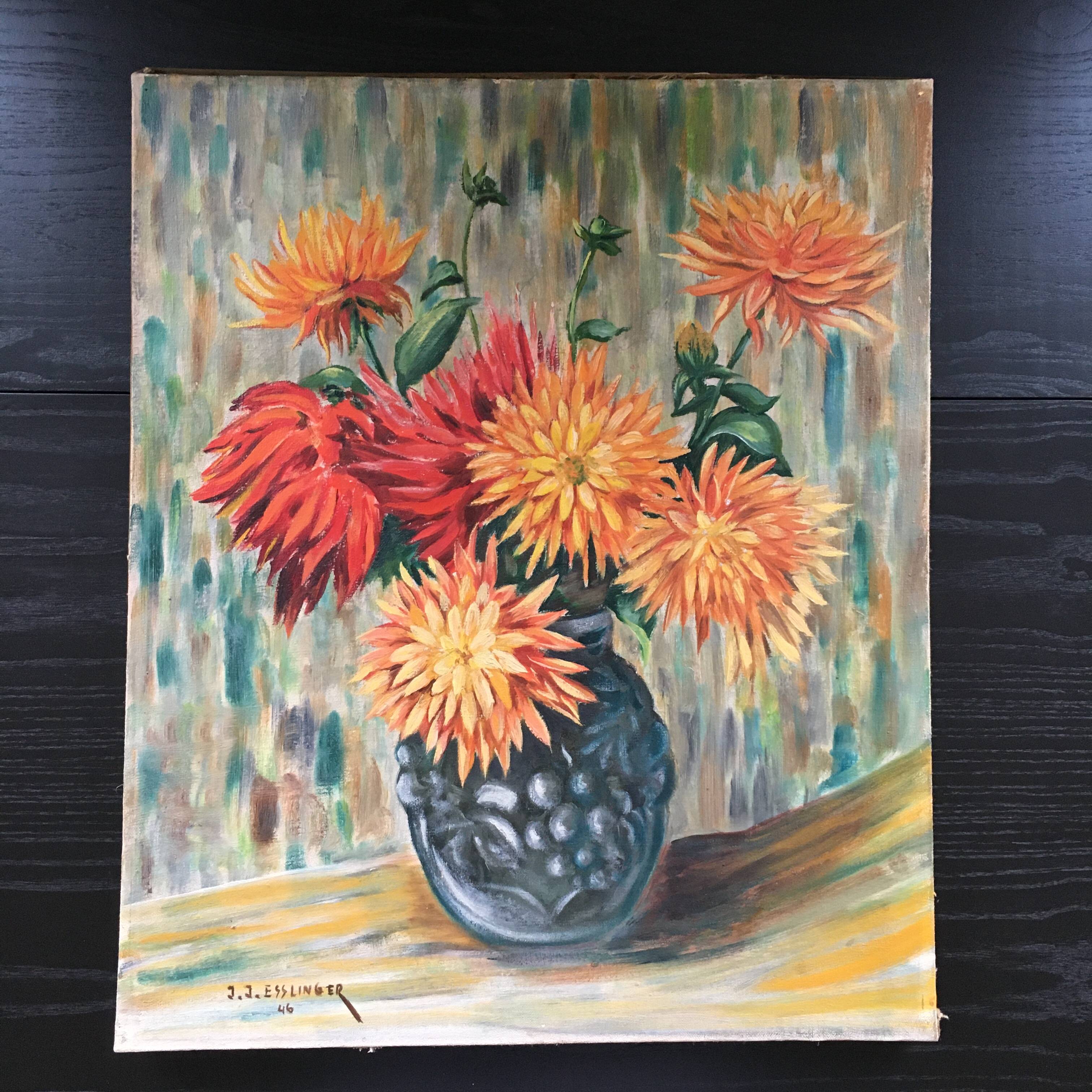 Old painting bouquet of dahlias