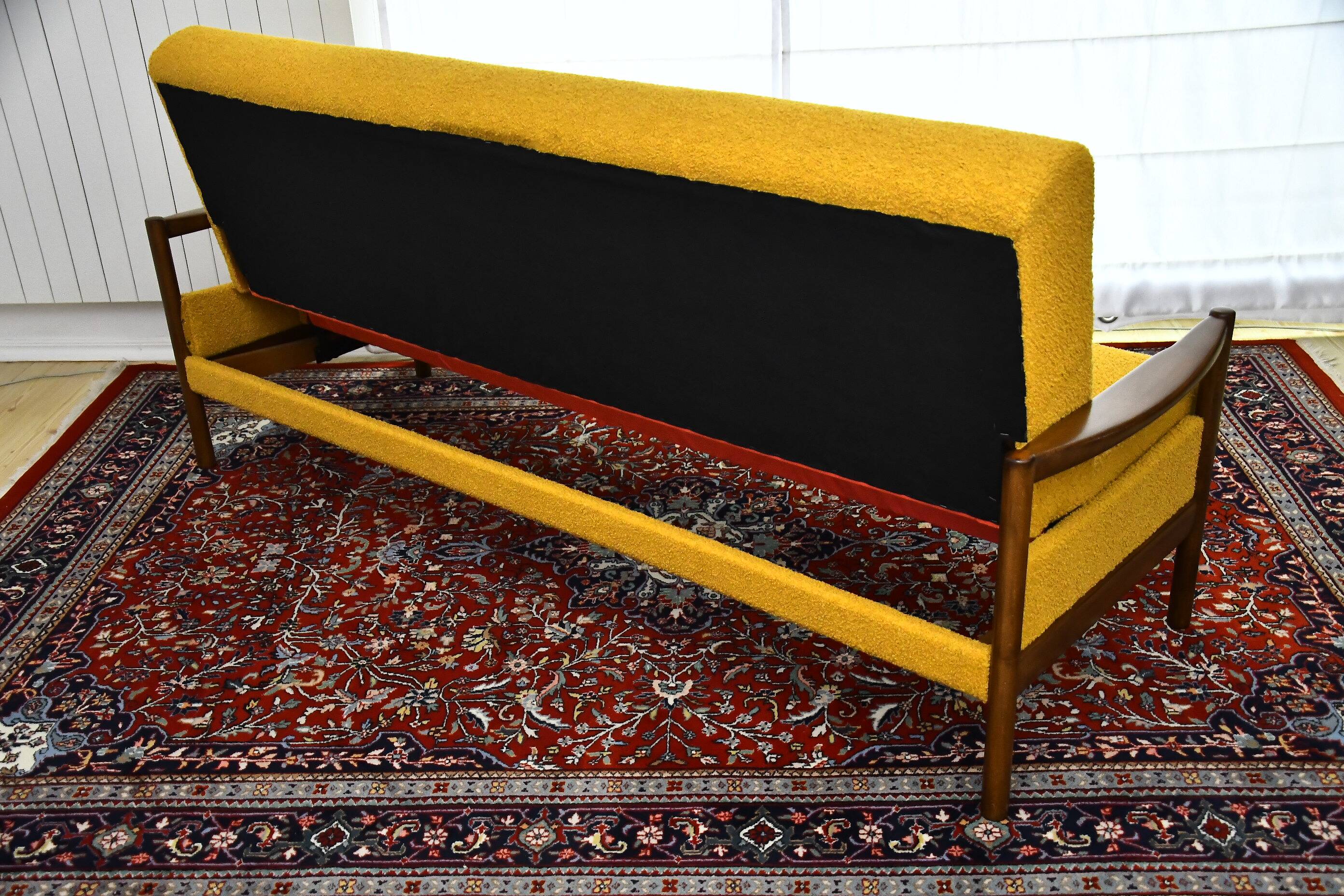 Scandinavian-style yellow boucle sofa with folding function, 1960s