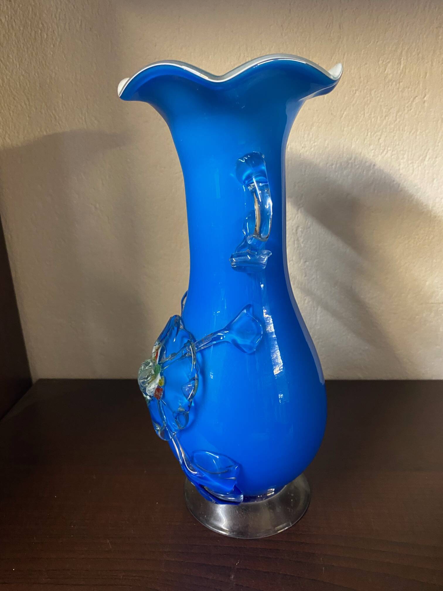 Clichy glass vase with floral decoration in intense blue tones and small years