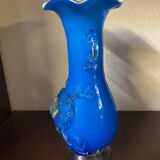 Clichy glass vase with floral decoration in intense blue tones and small years