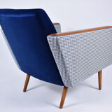 Mid- century modern armchair, 1970s, restored, blue and white velvet, pied de poule fabric