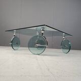 Vintage glass coffee table on wheels, 1980s - Italy