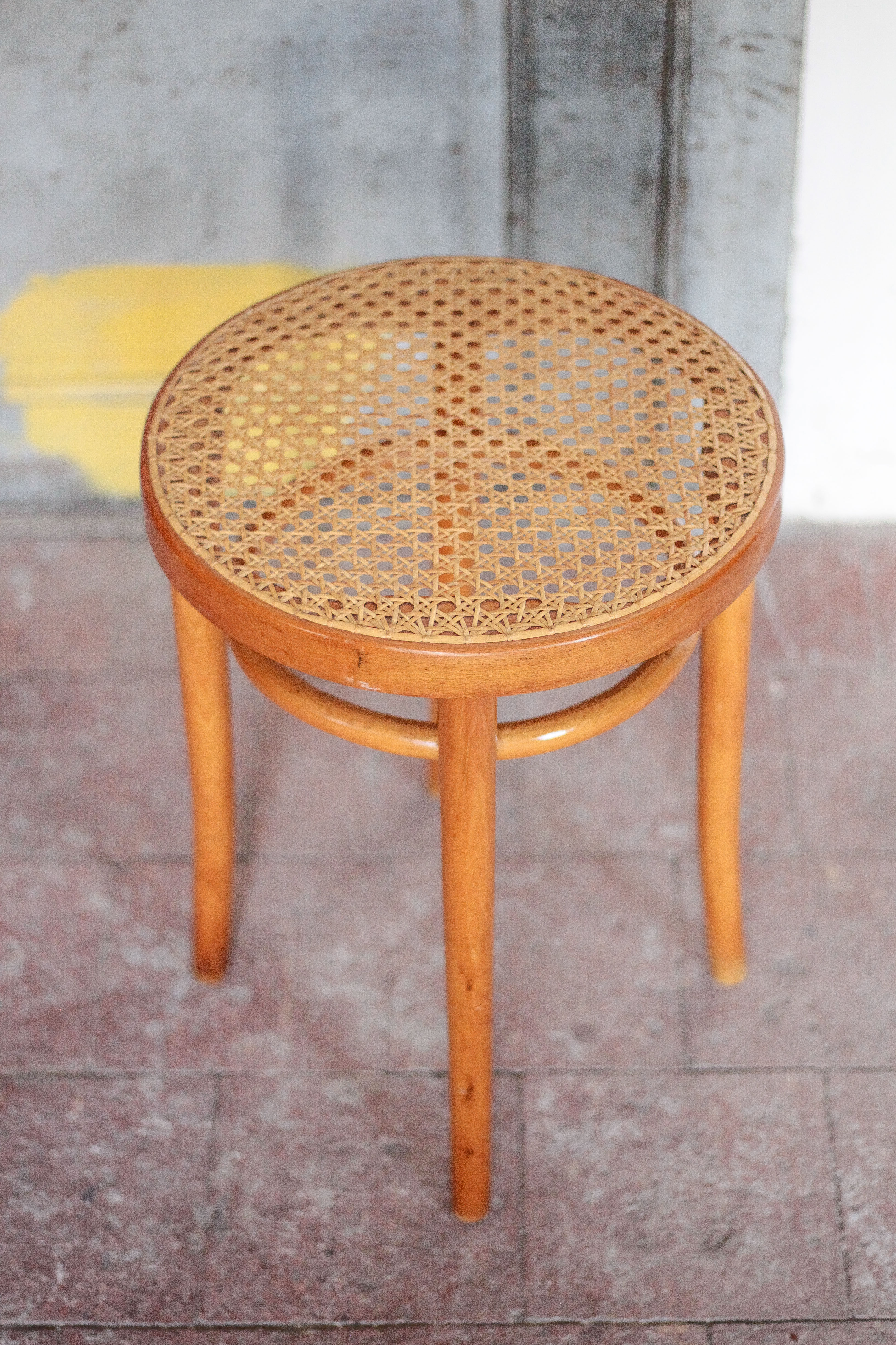 Vintage wooden and cane stool, stool made in Romania, wooden stool