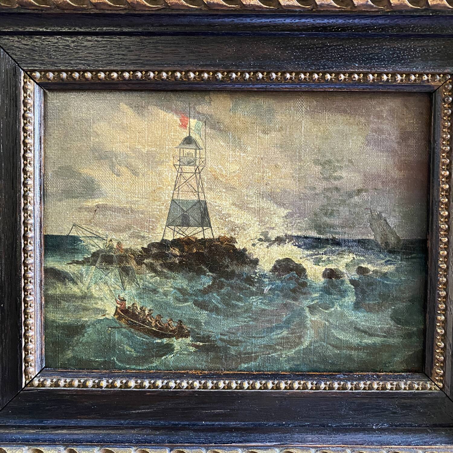 19th century miniature painting "The lighthouse in the storm"