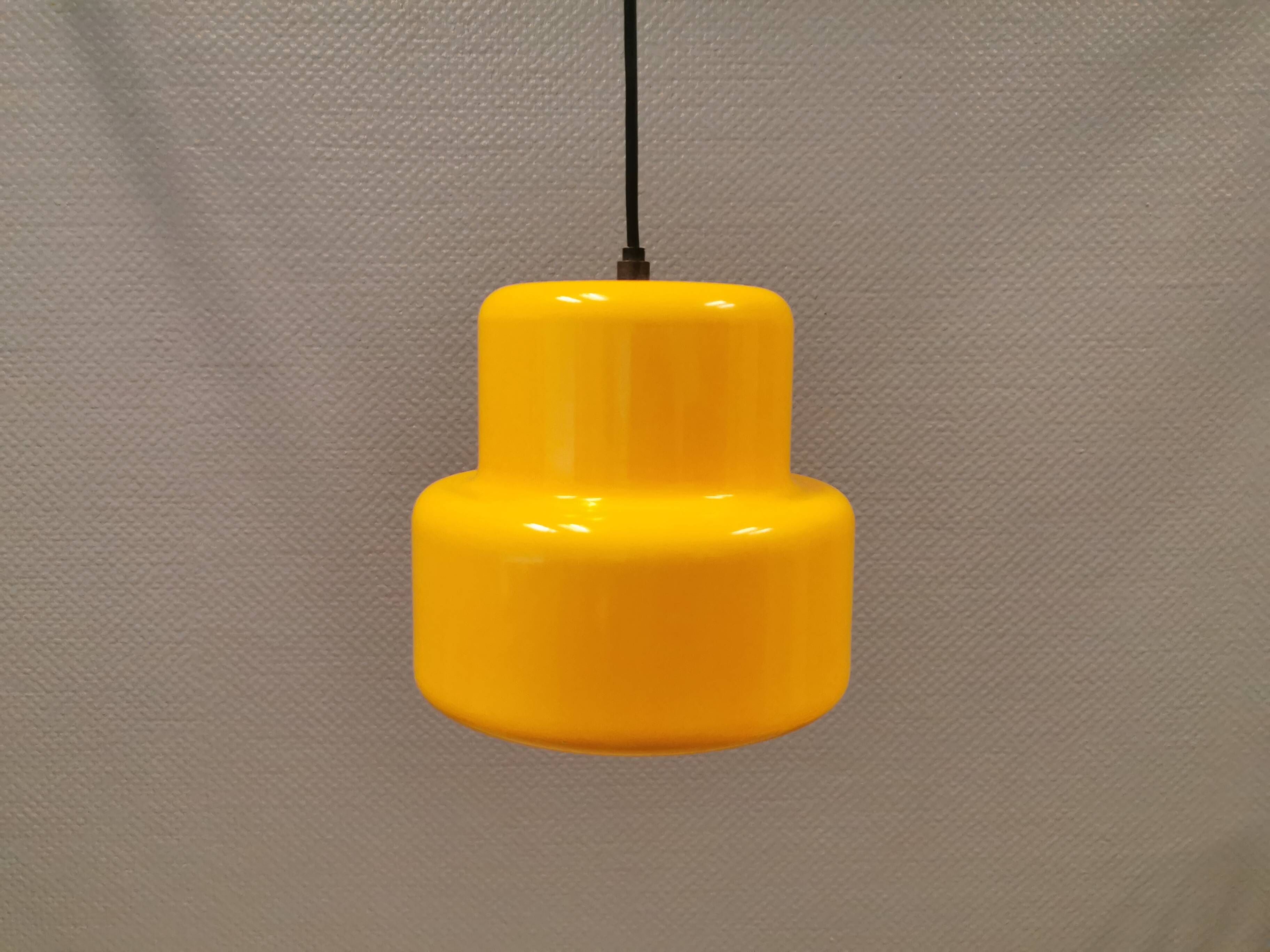 Mini poker hanging lamp in beautiful original sunny yellow color, designed by Jo Hammerborg 1977