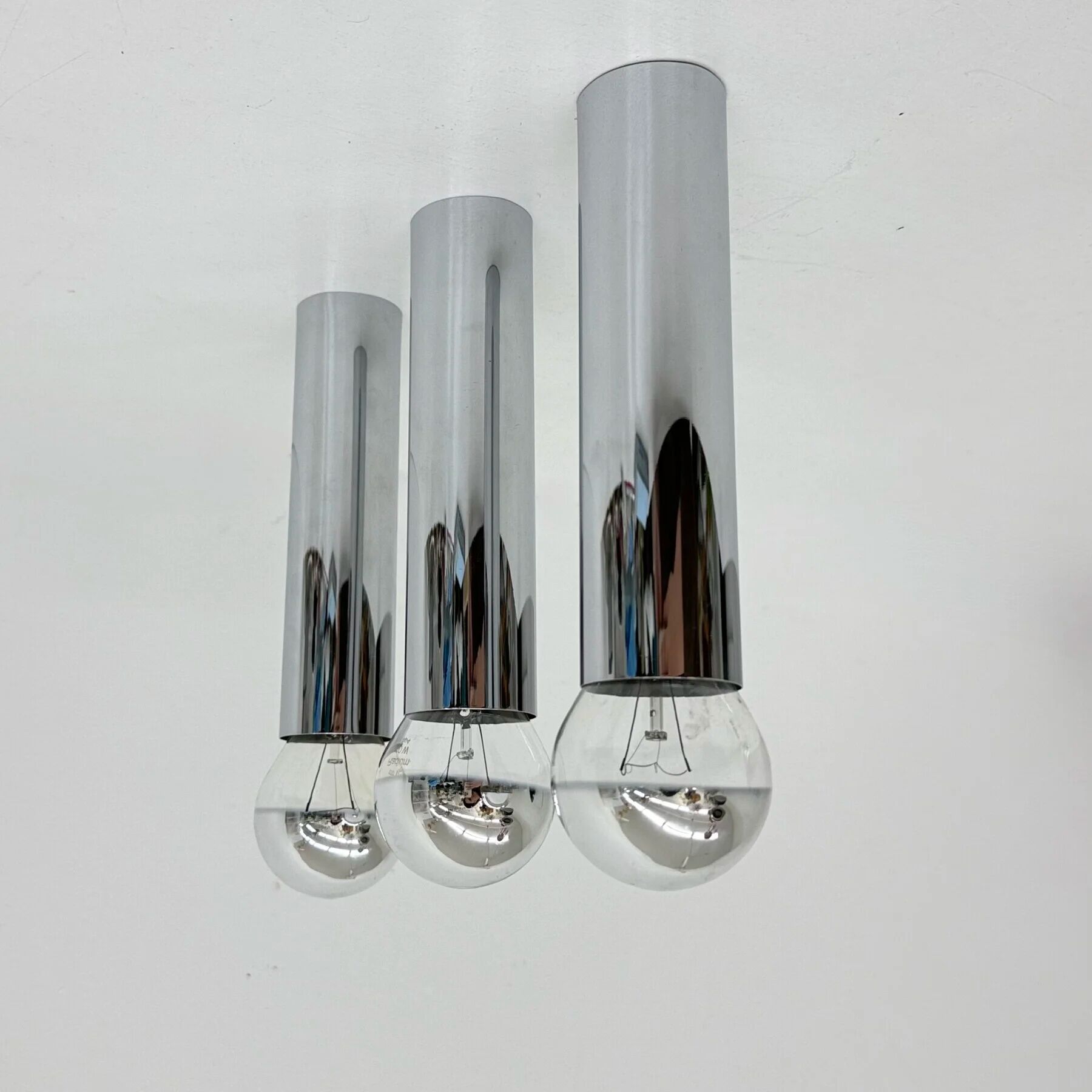 Set of 3 minimalist chrome tube ceiling / wall lamps, 1970s