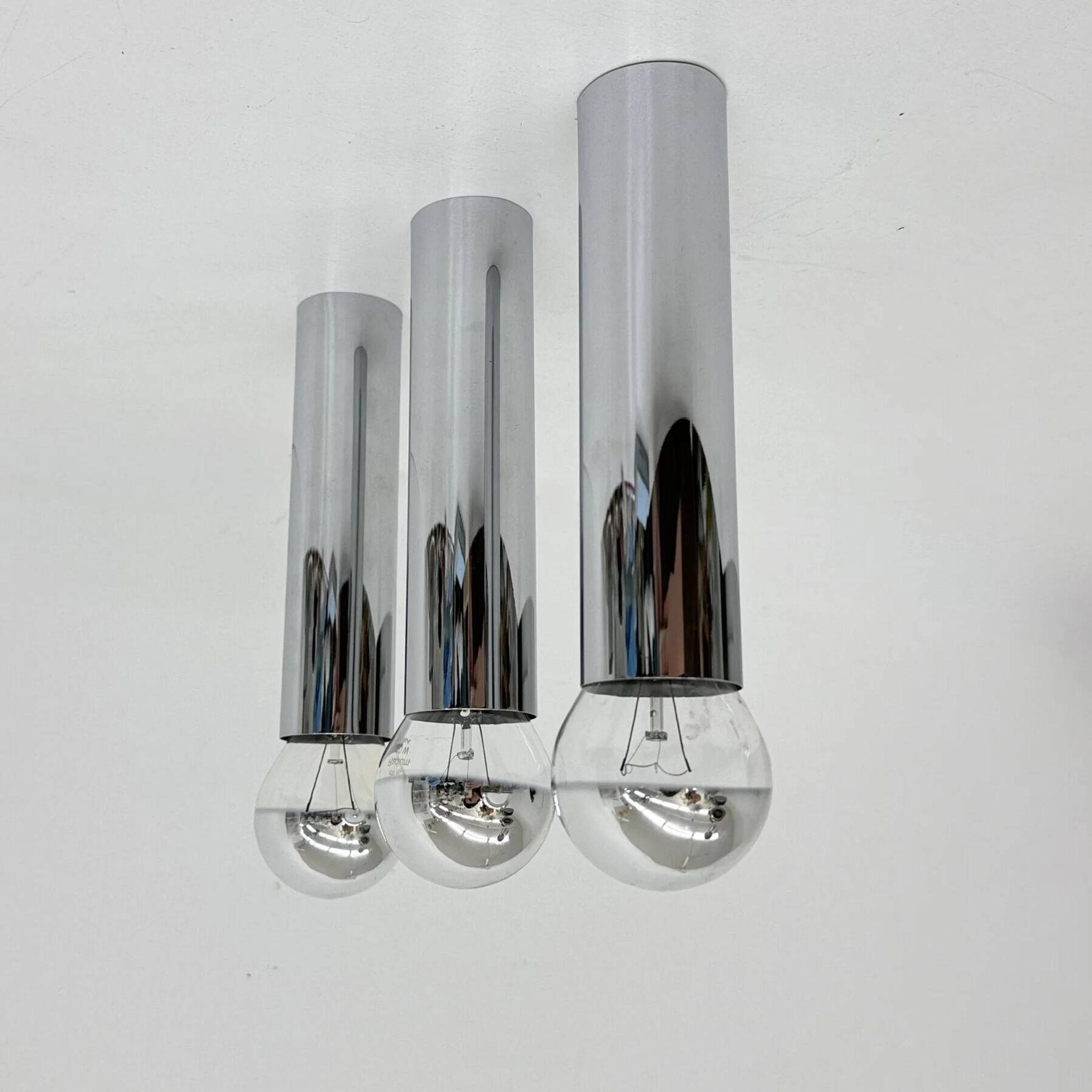 Set of 3 minimalist chrome tube ceiling / wall lamps, 1970s