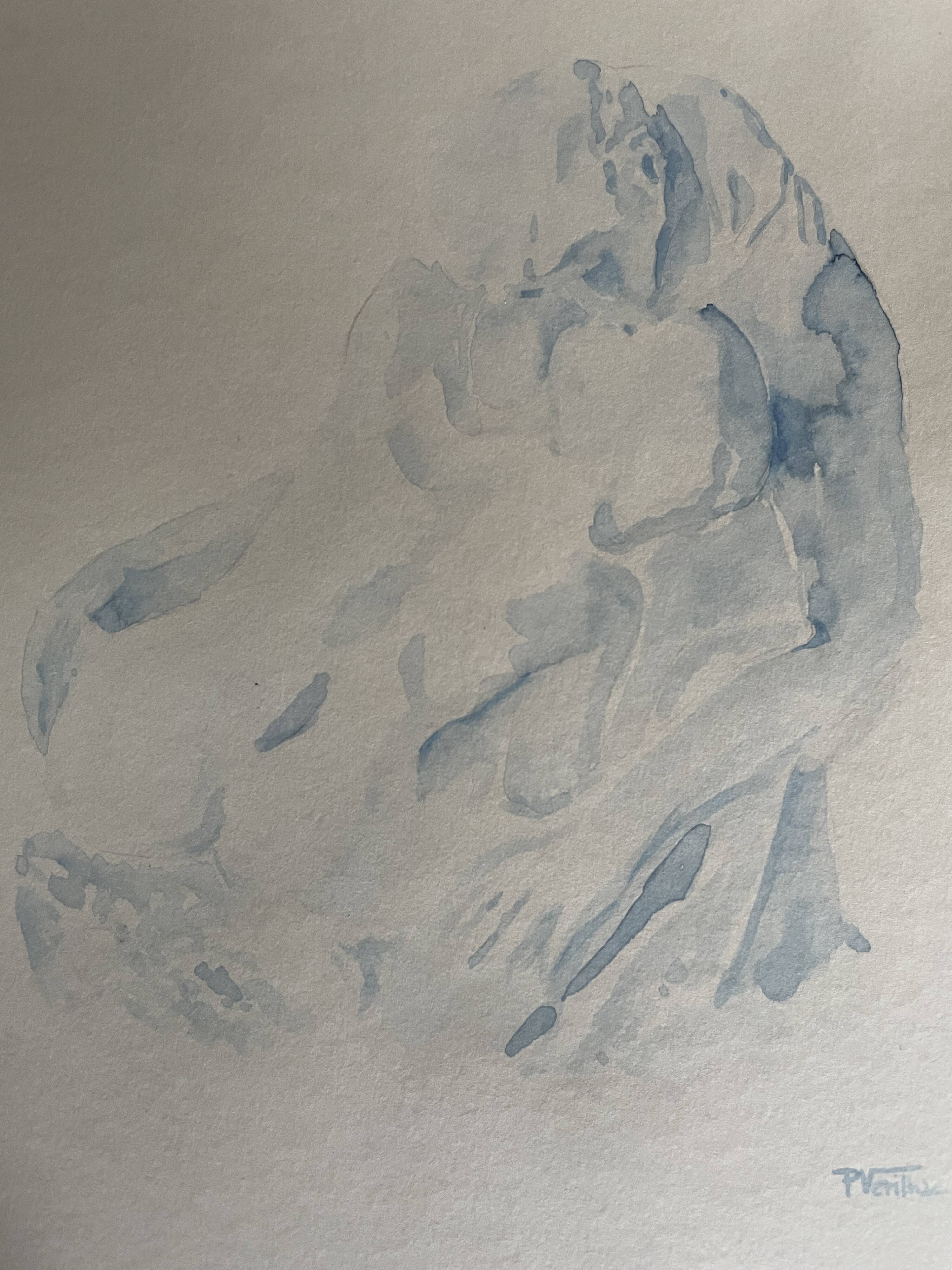 Signed watercolour monochrome blue study of the statue "The Kiss by Rodin"