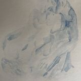 Tableau signé aquarelle monochrome bleue étude de la statue  « le baiser de Rodin »