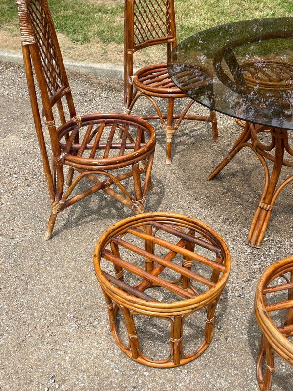 Ensemble salle manger rotin osier vintage table verre 4 chaises et 4 tabourets