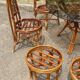 Vintage rattan dining set with glass table, 4 chairs and 4 stools.