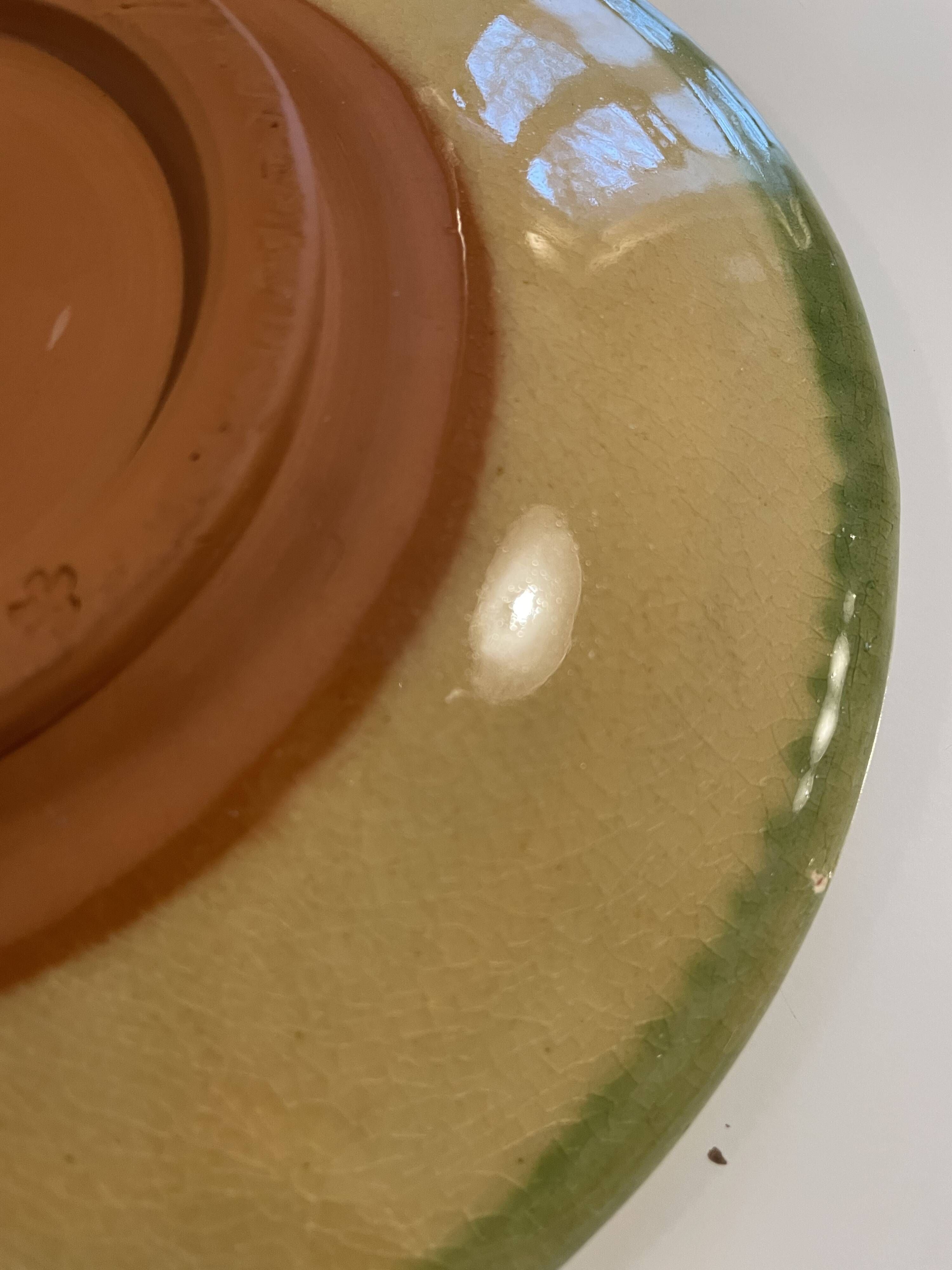 Decorative glazed terracotta plate with olive leaf pattern.