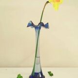 Vase bleu cobalt vintage bord onduler - verre souffle