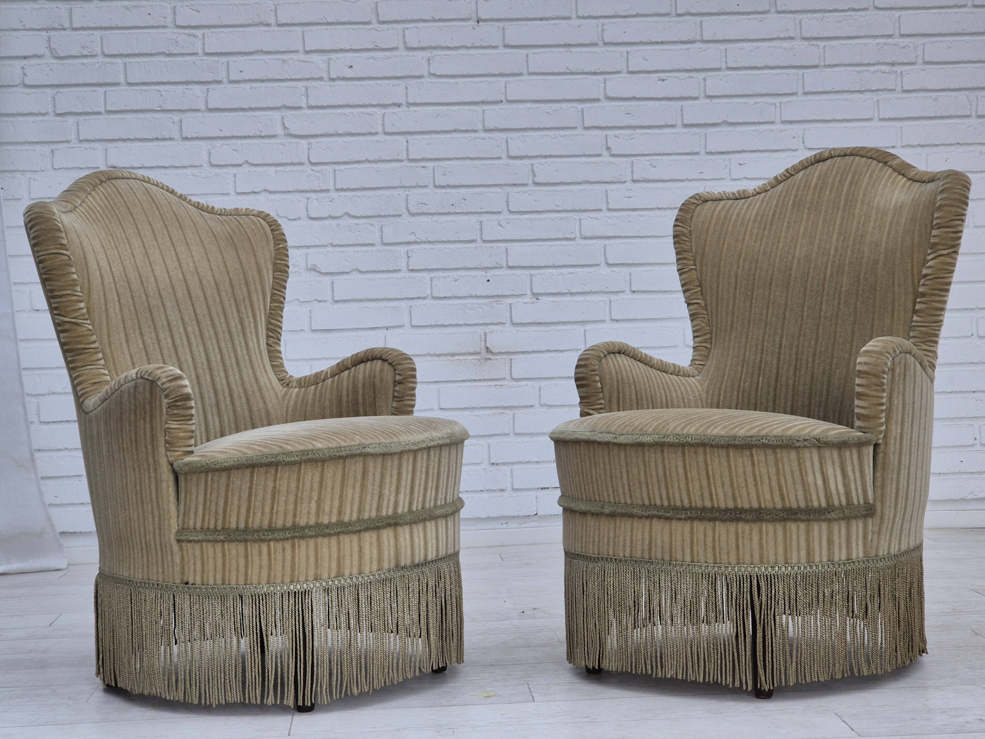 1970s, pair of Danish armchairs, original condition, green furniture velour.
