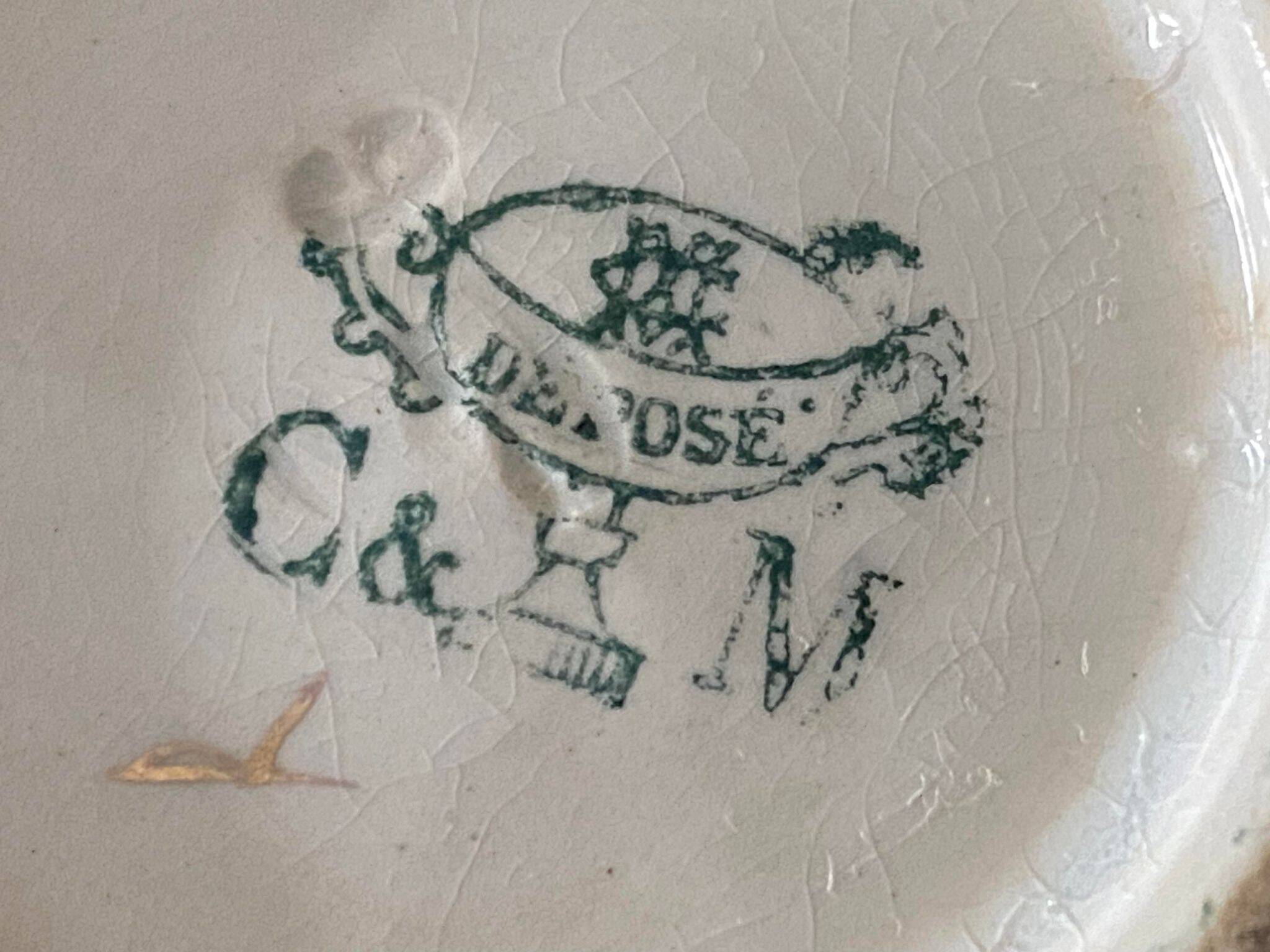 Creil et Montereau cup and saucer green and gold floral pattern