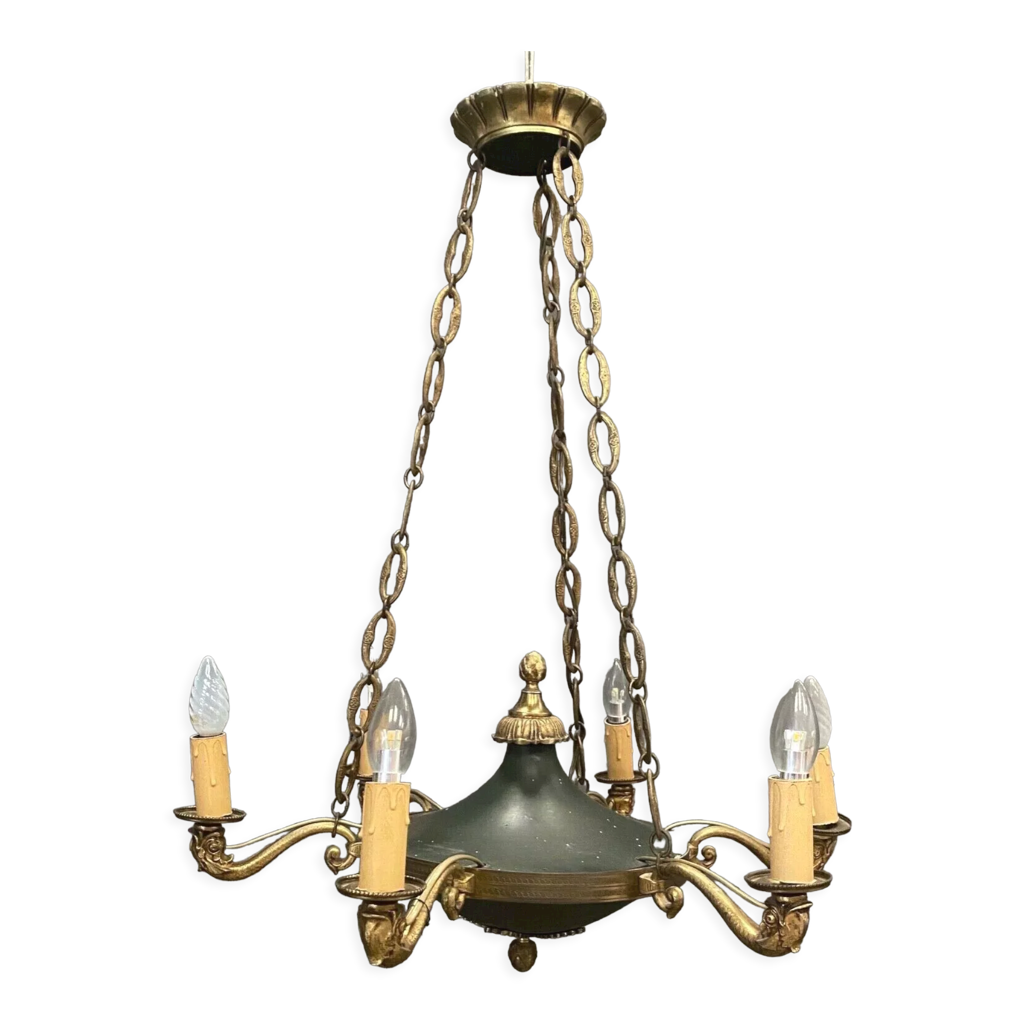 Lustre bronze dore et tole verte style empire six feux decor palmettes ...