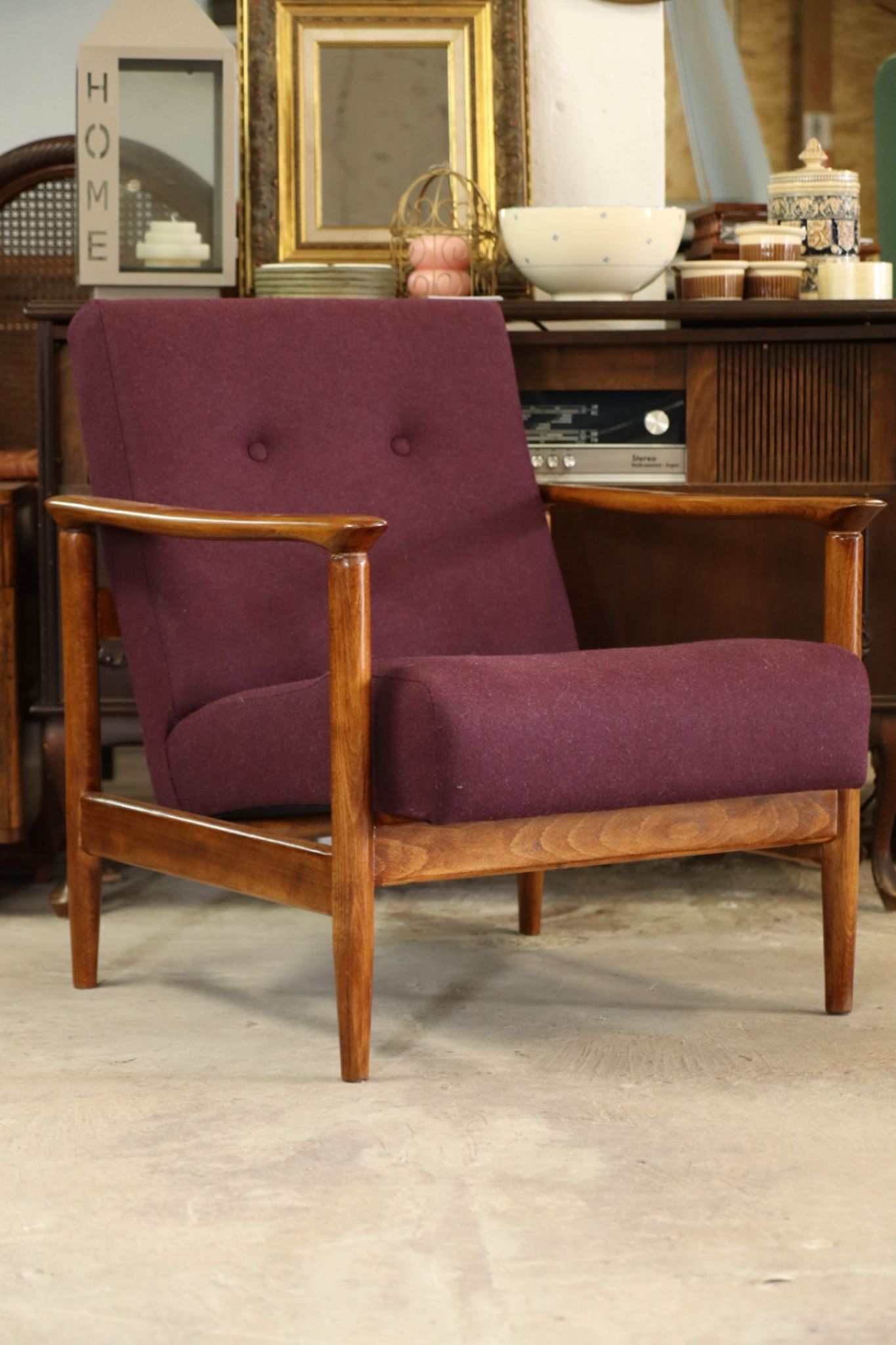 Oryginał wood armchair design by E. Homa 142 aubergine wool vintage chair modern