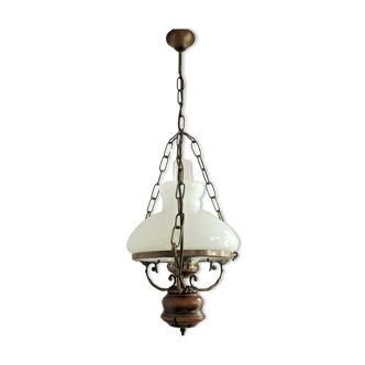 French Mid Century Ceiling Lantern Wood Metal & White Opaline Glass Shade