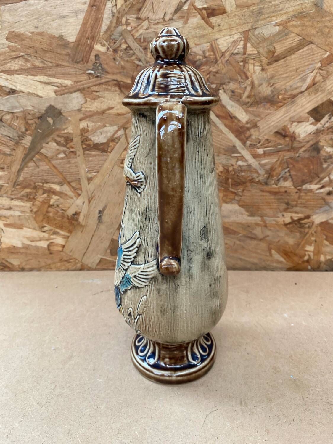 Antique teapot shaped pitcher ceramic brown beige vintage ducks decor