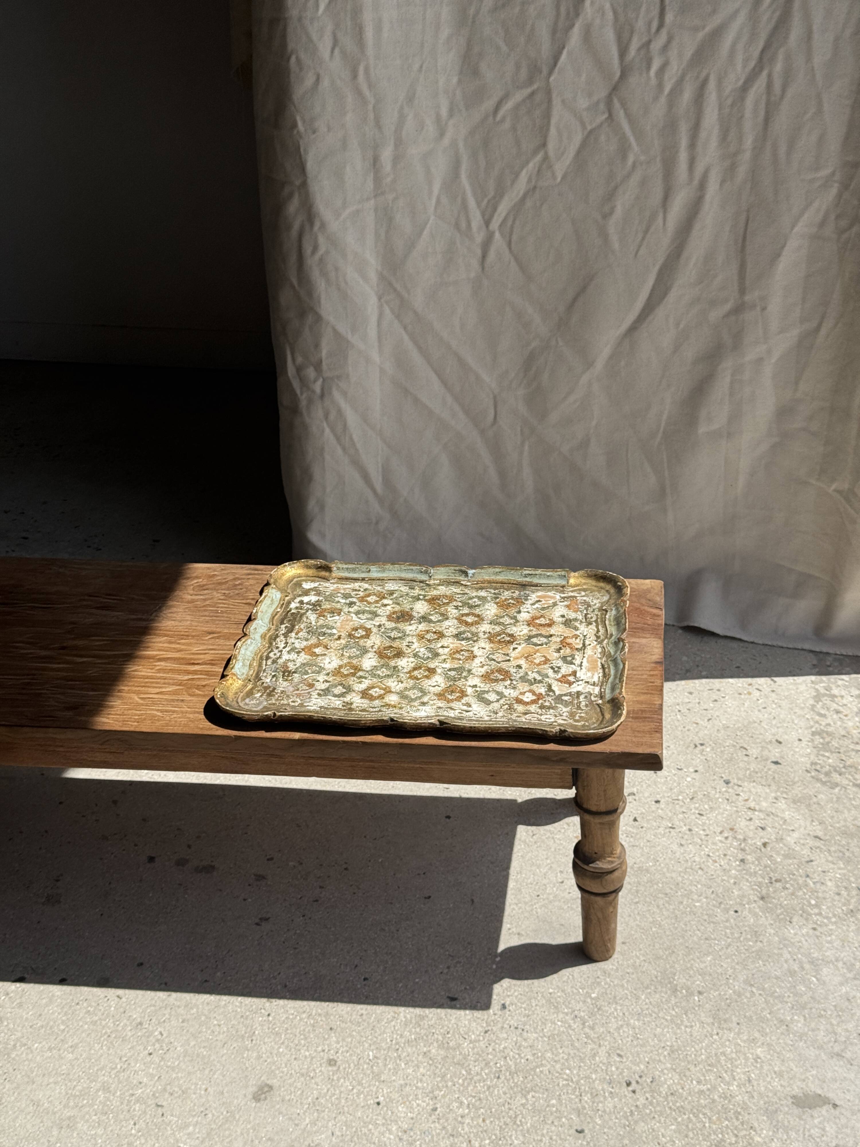 Large wooden tray hand-painted with blue and gold floral ornaments L48x38
