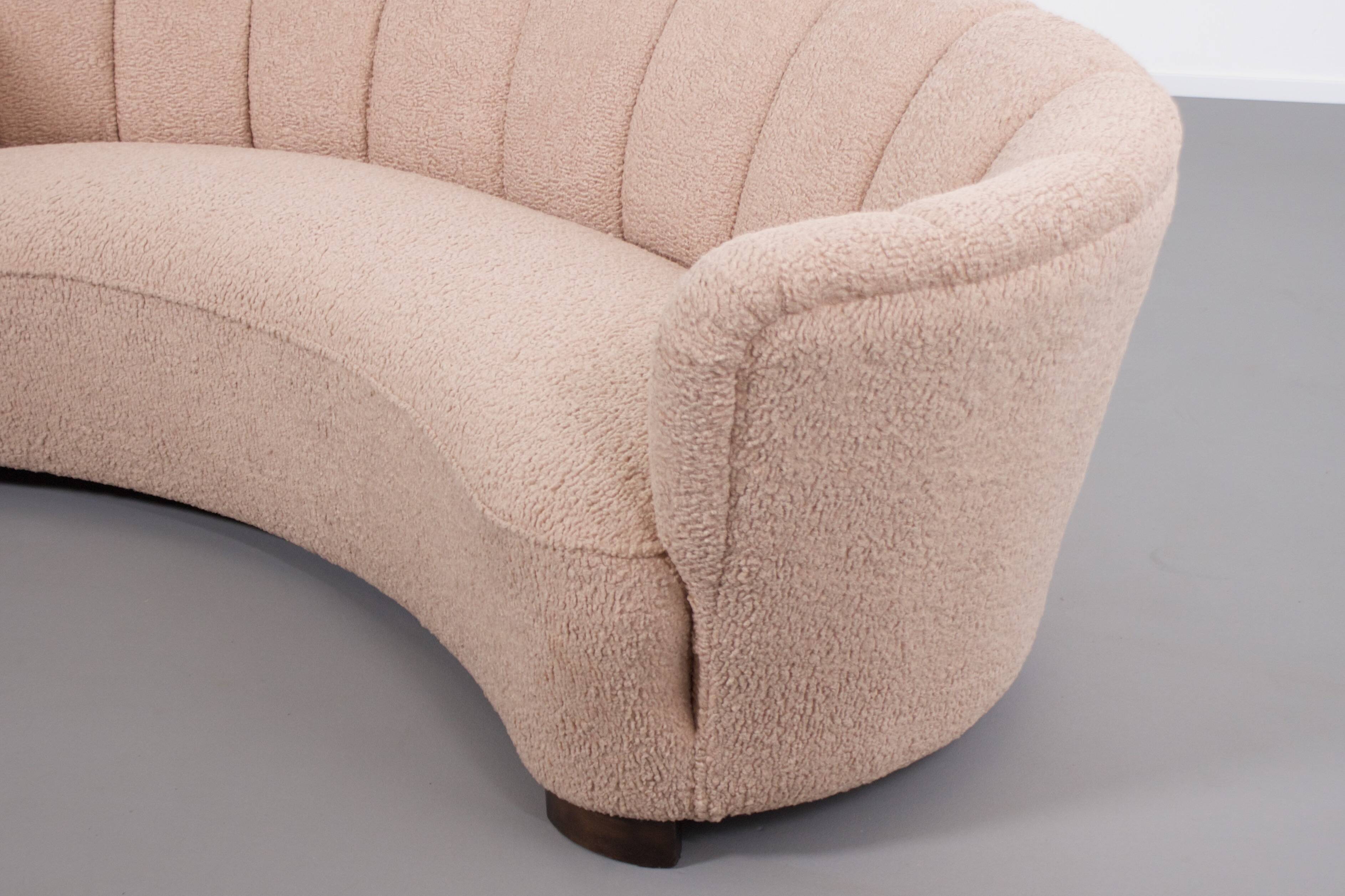 Danish curved banana sofa in a powder pink wool fabric, 1940s