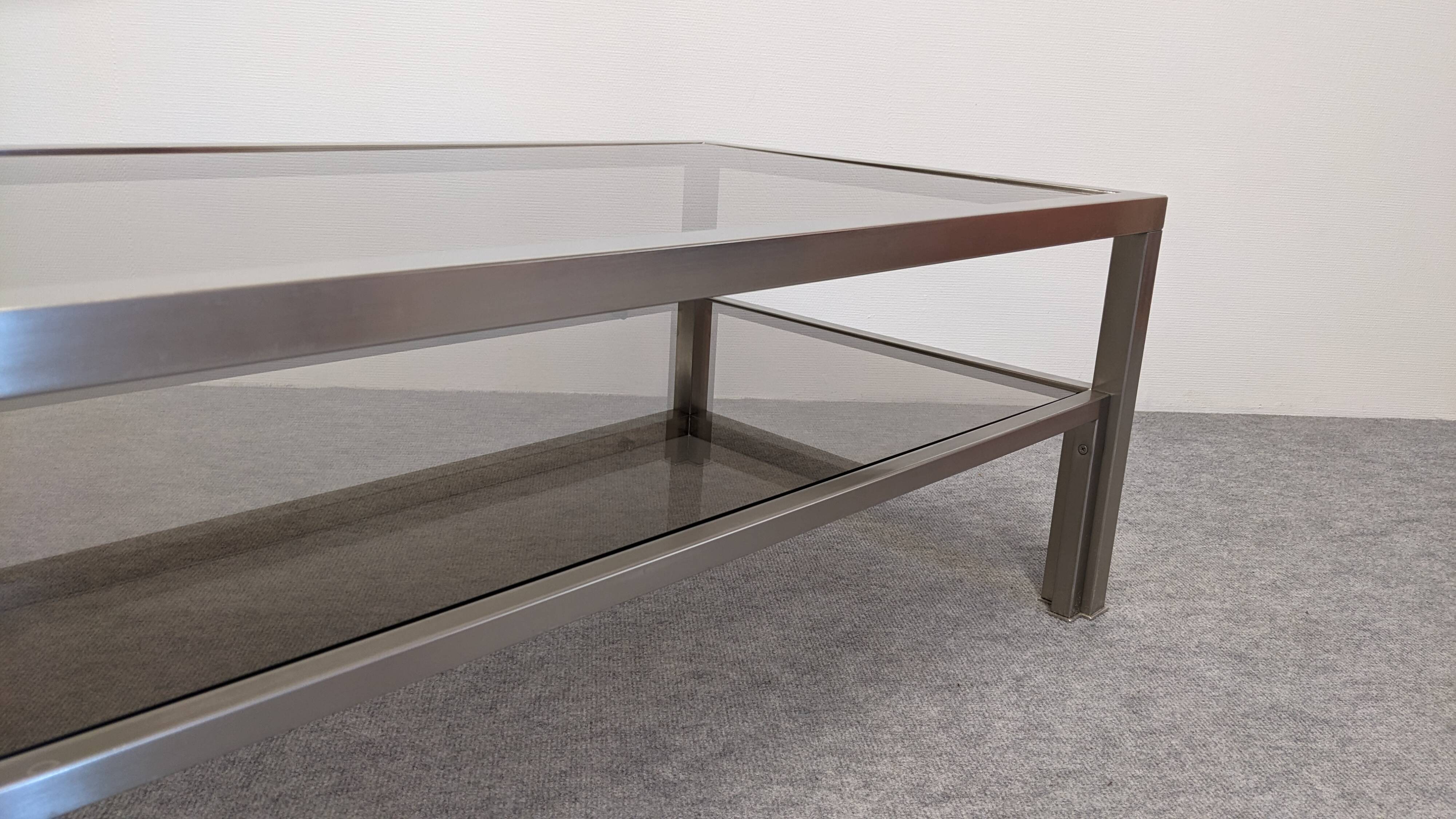 Table basse à 2 plateaux en inox brossé et verre fumé, France vers 1970