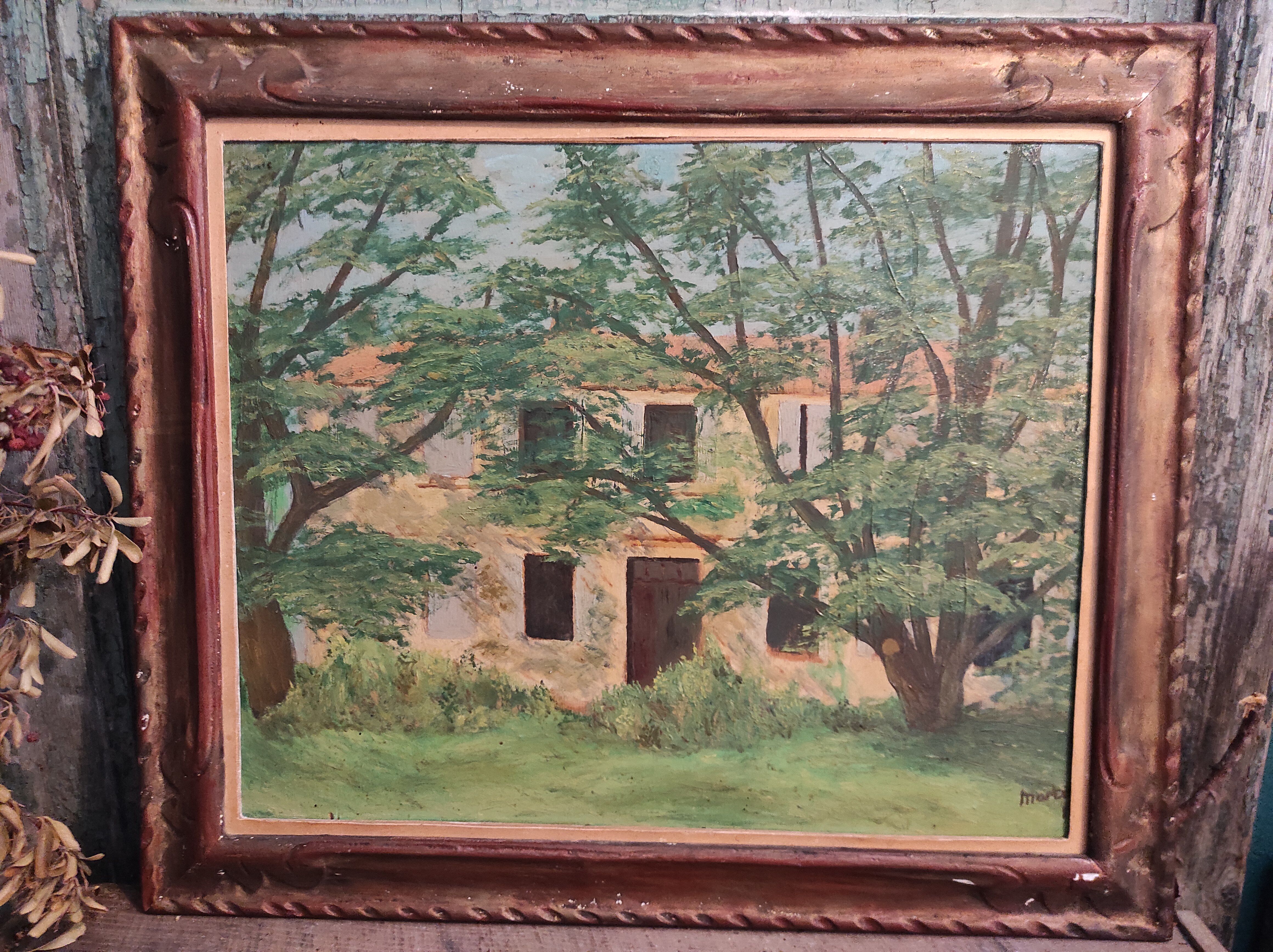 French vintage oil painting, signed Martínez, 1950