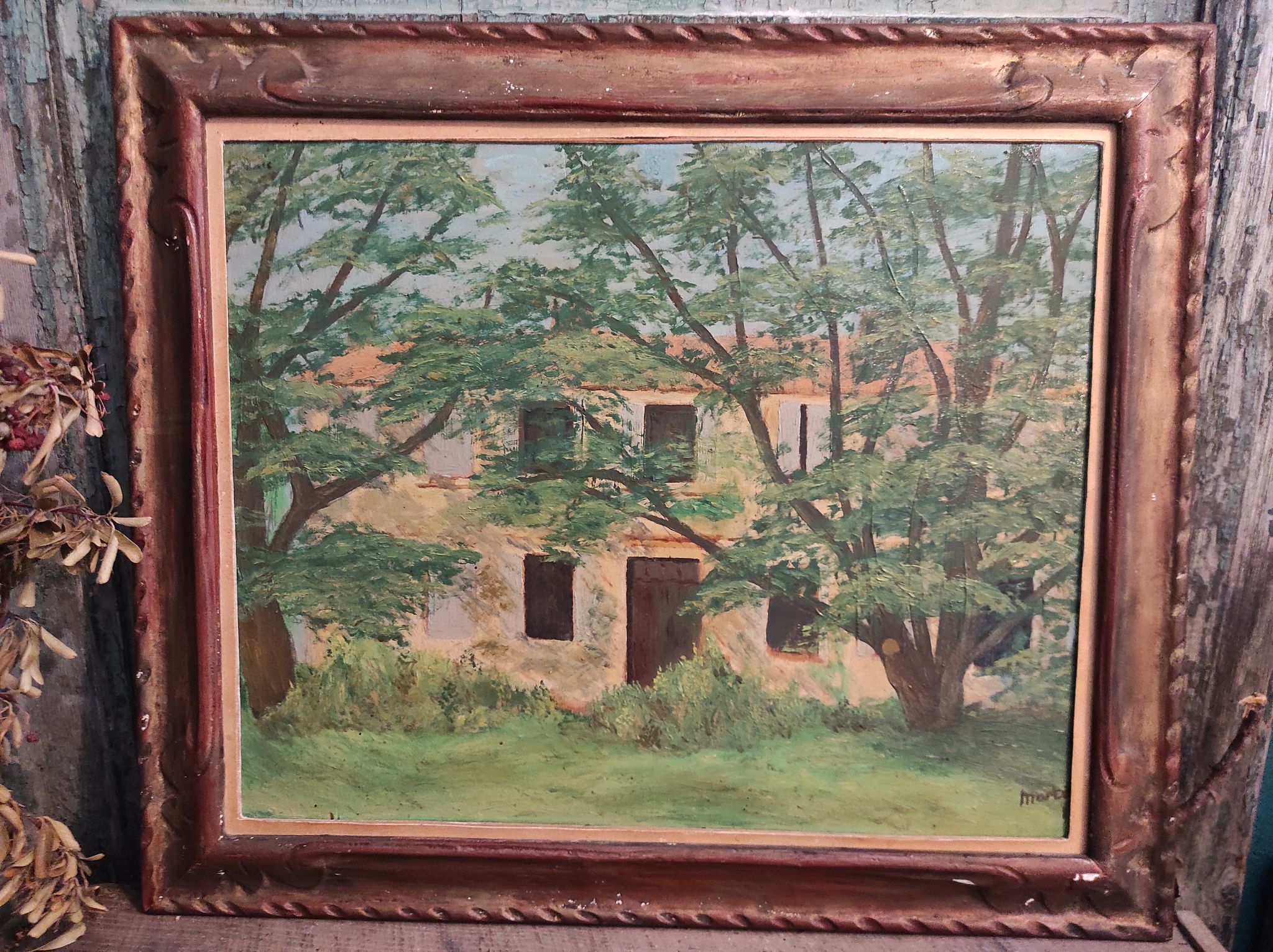 Peinture à l’huile vintage, signée Martínez, 1950
