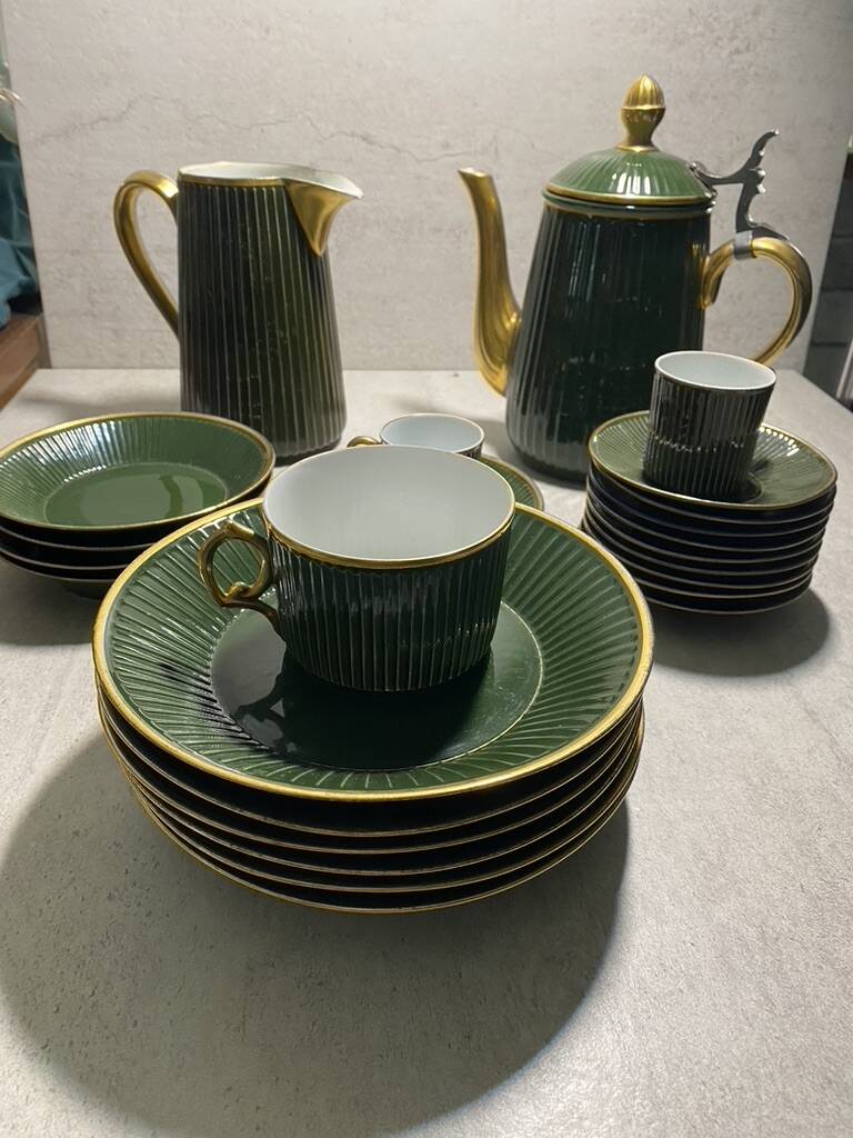 Vintage coffee and dessert service in green porcelain with gilding – 25 pieces