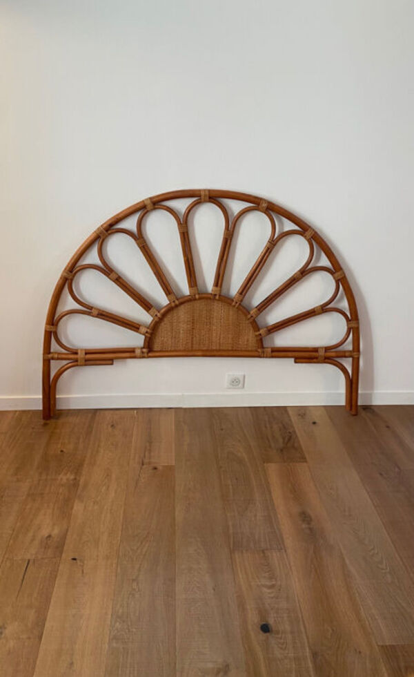 Tête de lit en rotin et cannage vintage 1970 pour lit 2 places