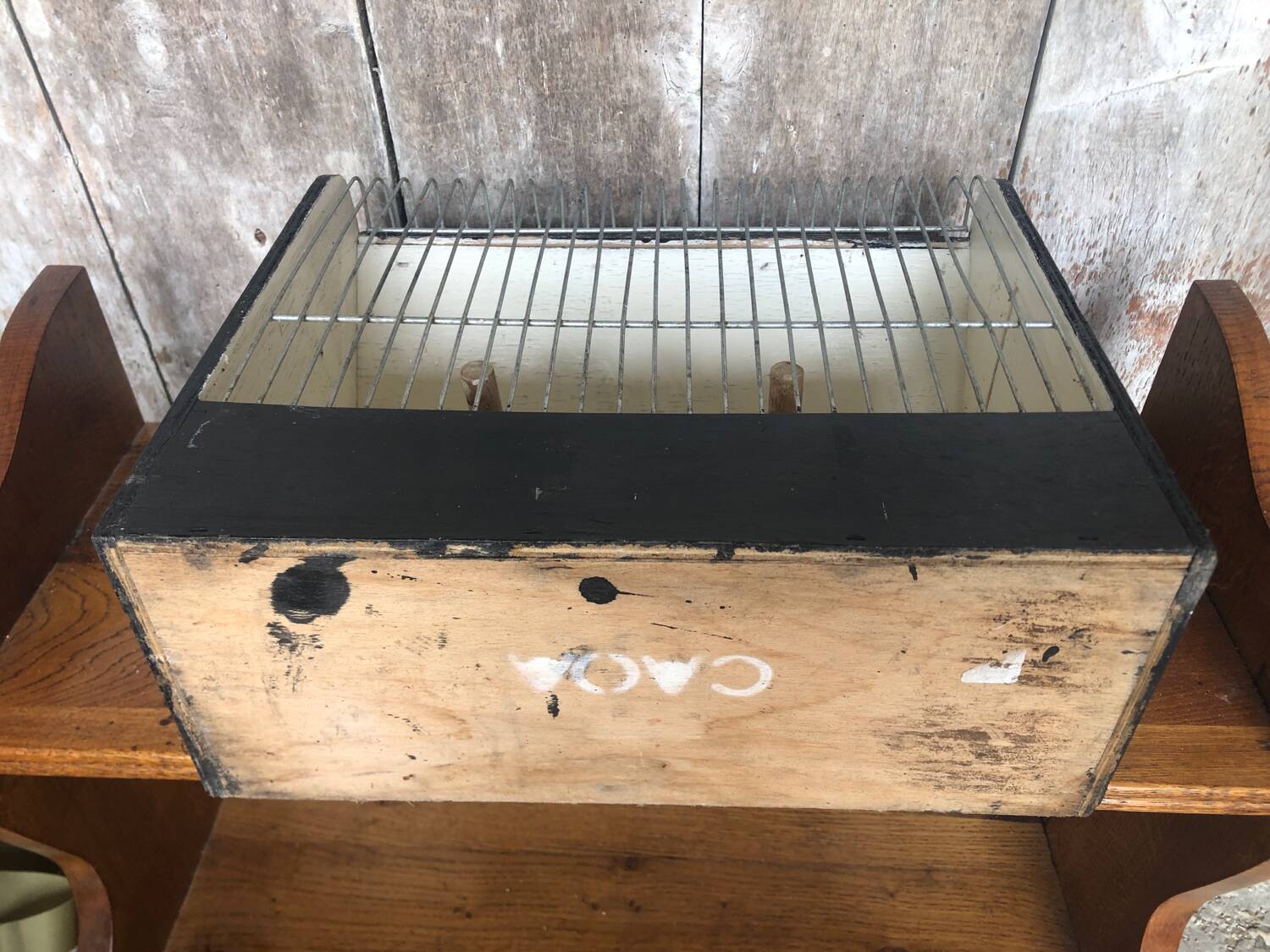 Old small bird cage caoa wood + metal + plastic tray vintage