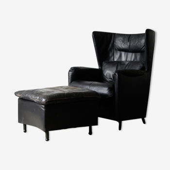 Fauteuil & repose-pieds en cuir noir par Franz Josef Schulte pour De Sede